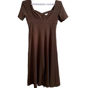 Vtg Newport News Dress SZ 16 Brown Midi Empire Waist Y2K Polyester Retro Cutout